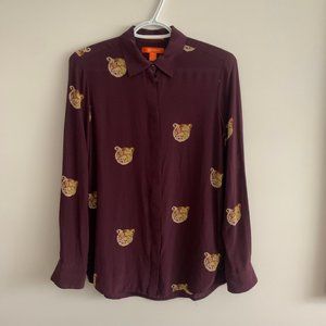 100% Silk Tiger/Leopard Print Blouse - Joe Fresh, XS, Burgundy